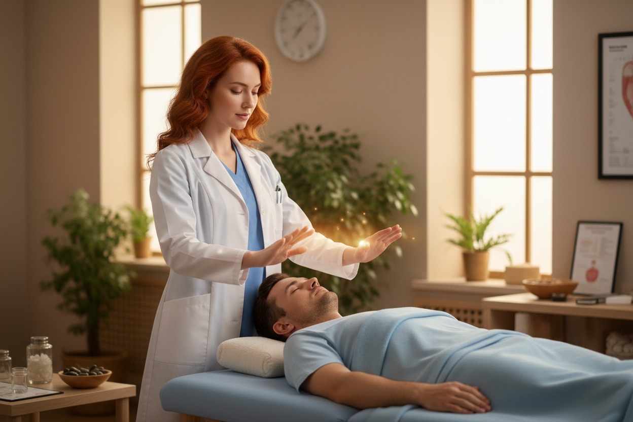 A female practitioner in a white coat performs energy healing on a man lying on a massage table.