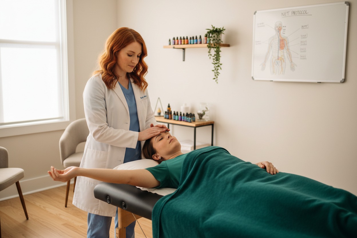 A practitioner in a white coat performs energy work on a patient lying on a treatment table.